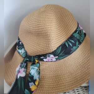 SUN & SKY Womens Wide Brim Boho Floppy Straw Hat Spf 50 With Scarf New With Tags